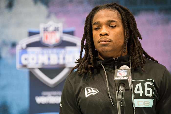 Feb 28, 2020; Indianapolis, Indiana, USA; Lenoir-Rhyne defensive back Kyle Dugger (DB46) speaks to the media during the 2020 NFL Combine in the Indianapolis Convention Center.